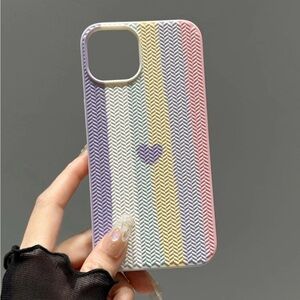 iPhone 16 Pro Max Phone Case Vertical Stripes Knitted Texture Heart Pastels